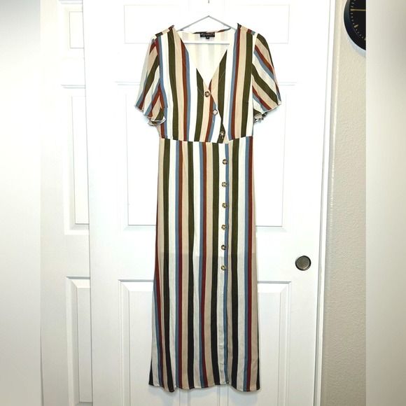 J Gee Dresses & Skirts - J Gee Striped Maxi Dress Button Front Colorful Medium